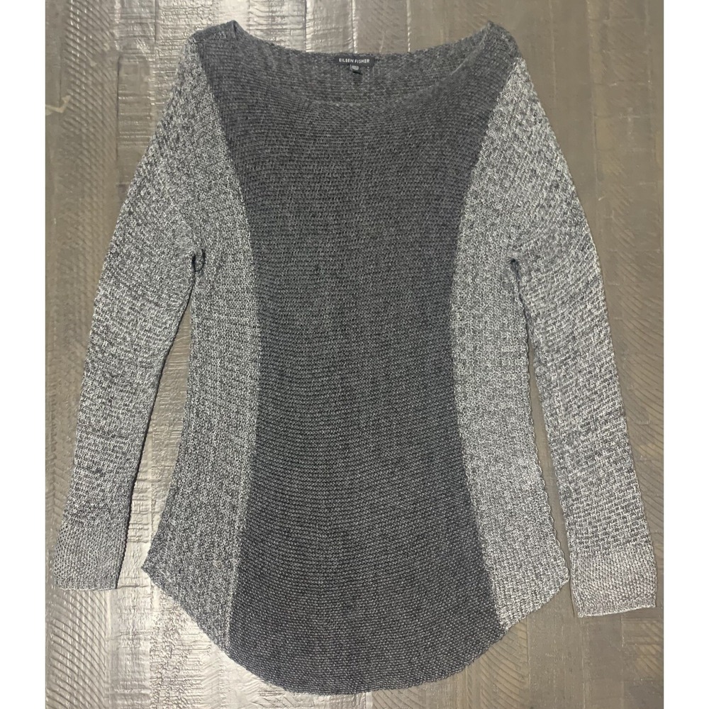 Eileen Fisher Charcoal Grey Open Knit long sleeve top 100% LINEN Women's Size S